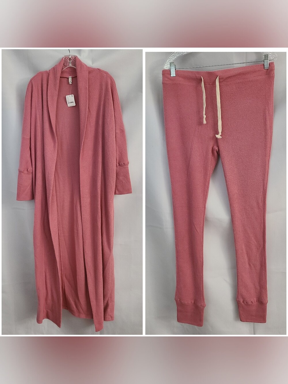 Intimately Free People M Rose Pink Lightweight Waffle Long Robe Pant Lounge Set